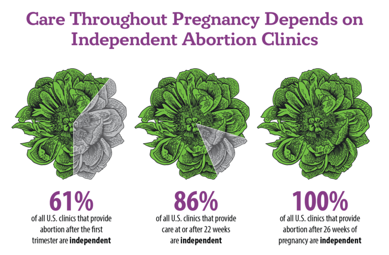 Care throughout pregnancy depends on independent abortion clinics. 61% of all U.S. Clinics that provide abortion after the first trimester are independent 86% of all U.S. clinics that provide care at or after 22 weeks are independent 100% of all U.S. clinics that provide abortion after 26 weeks of pregnancy and independent.